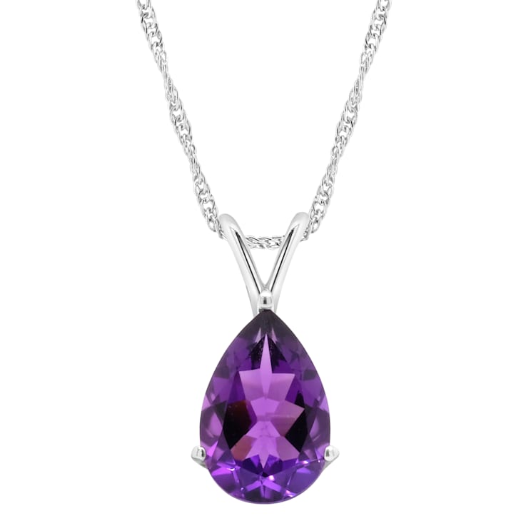 12x8mm Pear Shape Amethyst Rhodium Over Sterling Silver Pendant With Chain