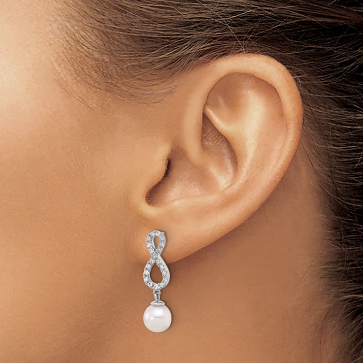 Rhodium Over 14K White Gold 7-8mm White Akoya Cultured Pearl and 0.40ctw
Diamond Post Earrings