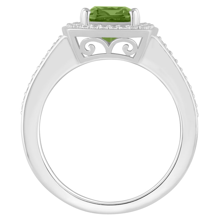 7mm Cushion Peridot 1/4 ctw Diamond Rhodium Over Sterling Silver Halo Ring