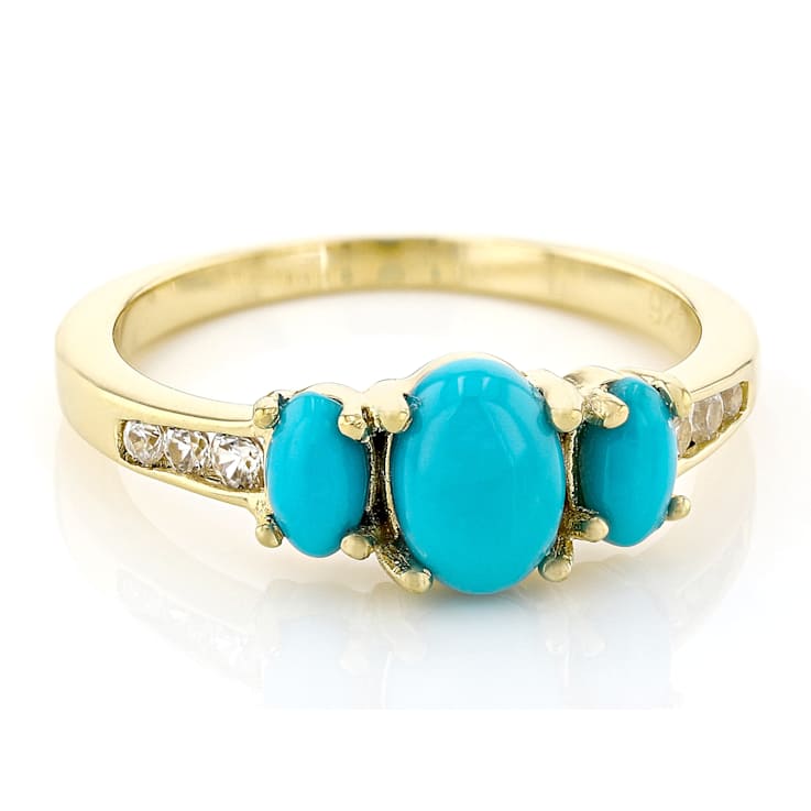 Turquoise And White Zircon Three-Stone Ring In 18K Gold Over Sterling
Silver 0.43ctw