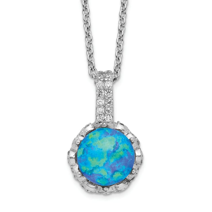Rhodium Over Sterling Silver Cubic Zirconia and Created Blue Opal Necklace