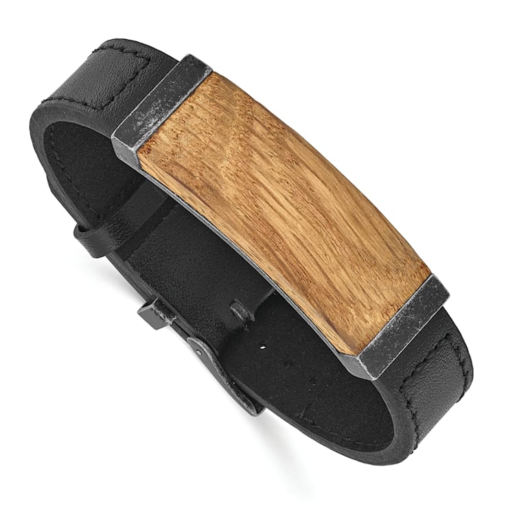 Black Leather and Stainless Steel Black IP-plated Bourbon Barrel Wood Bracelet