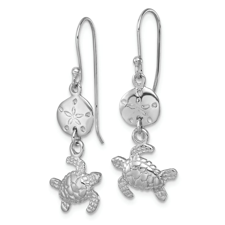 Rhodium Over Sterling Silver Sand Dollar And Turtle Dangle Earrings
