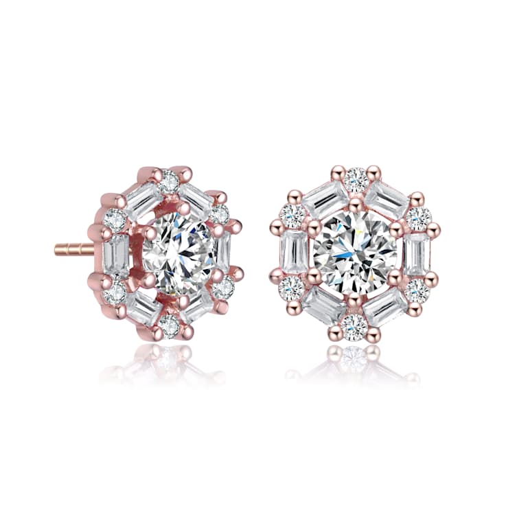 CZ Halo Stud Earrings In 18K Rose Gold Over Brass
