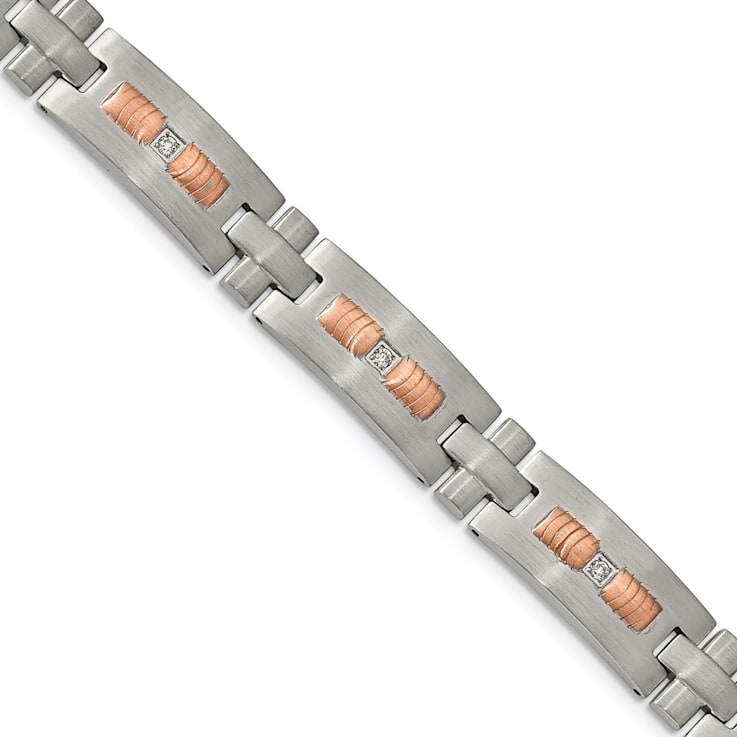White Cubic Zirconia Stainless Steel Brushed Rose IP Plated Men's Bracelet
