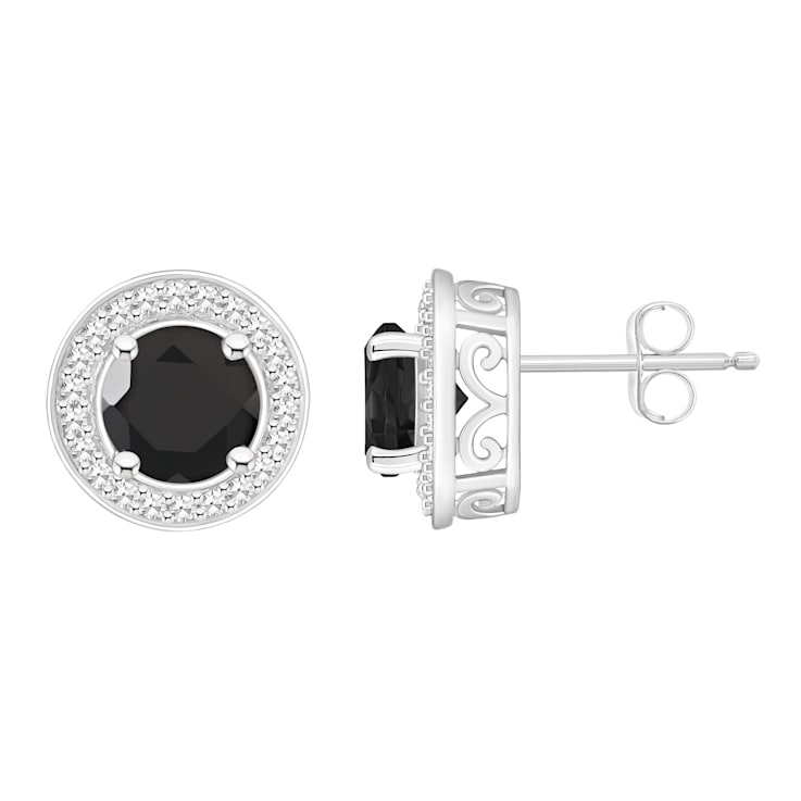6mm Round Black Onyx 1/5 ctw Diamond Rhodium Over Sterling Silver Halo
Stud Earrings