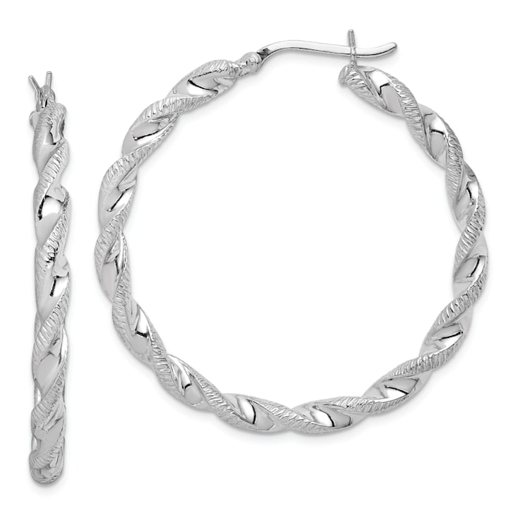 Rhodium Over Sterling Silver Twisted 3.5x40mm Hoop Earrings