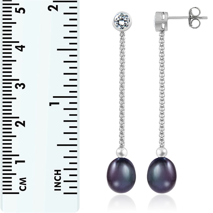 7.5-8mm Black Cultured Freshwater Pearl Rhodium Over Sterling Silver Earrings