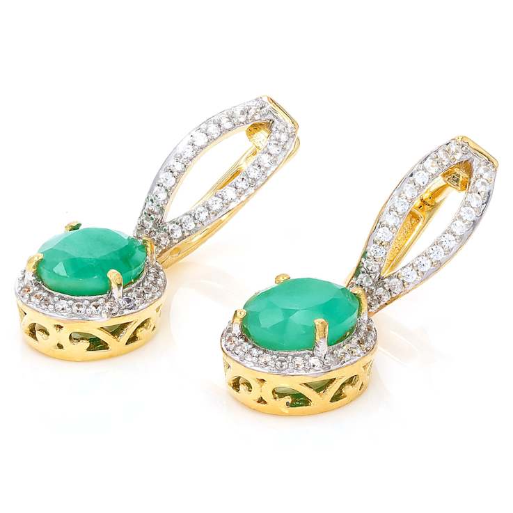 Emerald And Zircon Drop Earrings In 18K Gold Over Sterling Silver