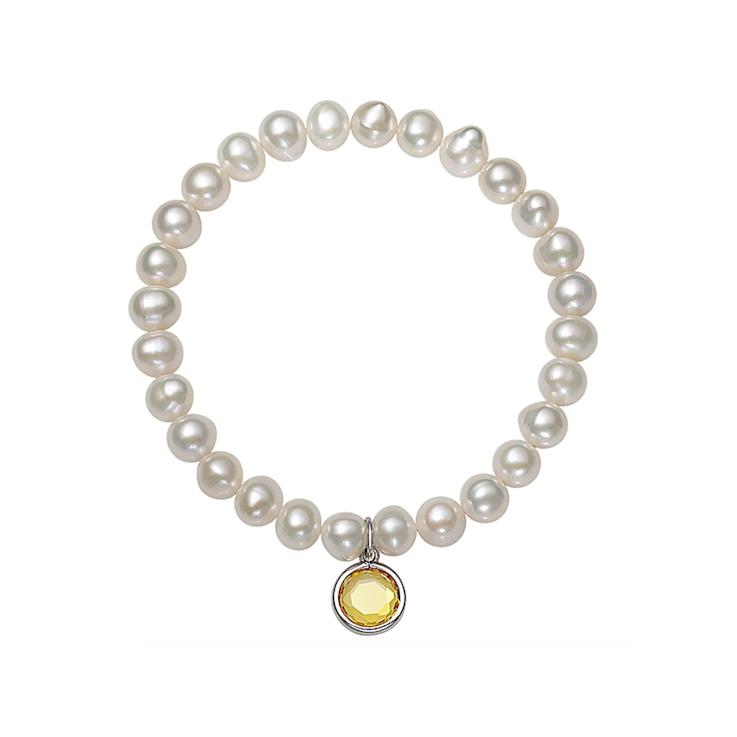 Freshwater Pearl And Yellow CZ Charm Stretch Bracelet In Sterling Silver