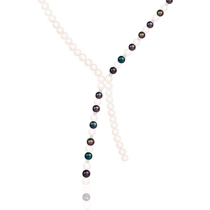 6-7mm White and Black Cultured Freshwater Pearl with Moon Bead Sterling
Silver Strand Necklace