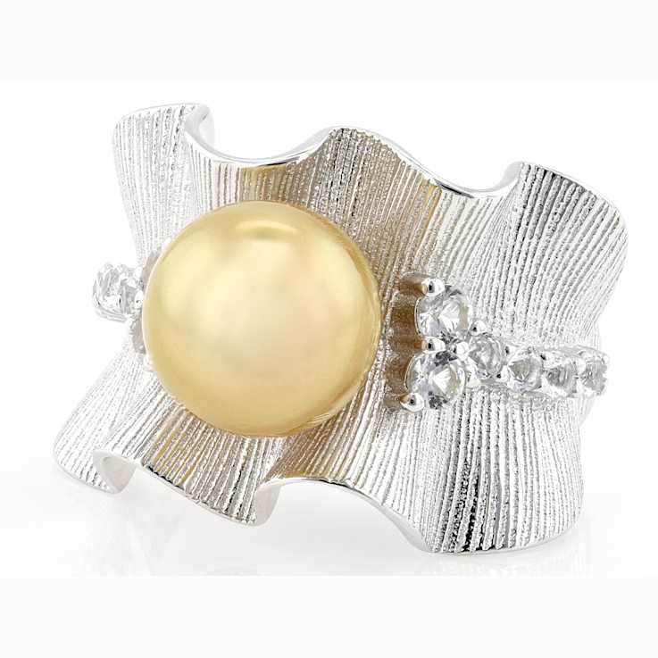 Golden South Sea Pearl And White Topaz Ring In Sterling Silver