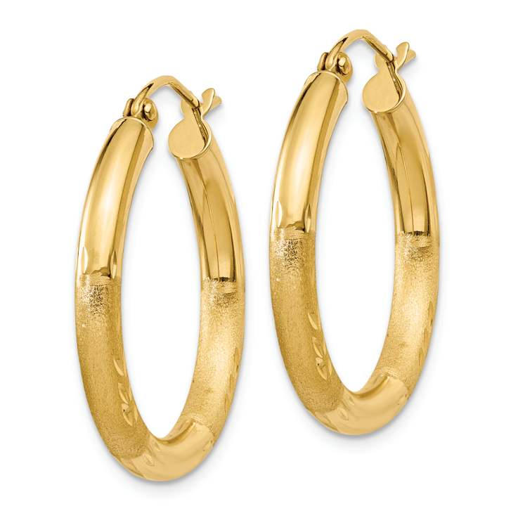 14k Yellow Gold Satin and Diamond-Cut 1" Round Hoop Earrings