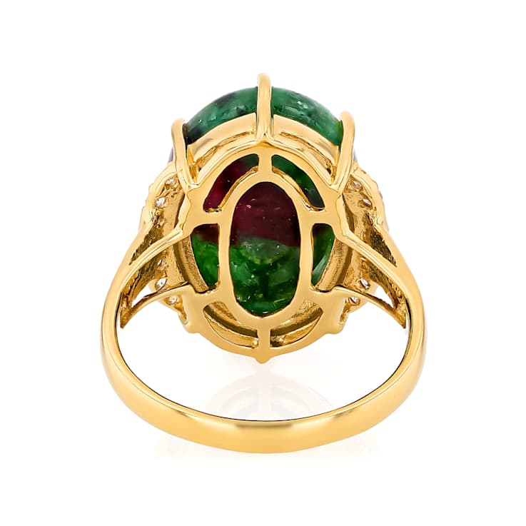 Ruby Zoisite Oval And White Zircon Ring In 18K Gold Over Sterling Silver 0.19ctw