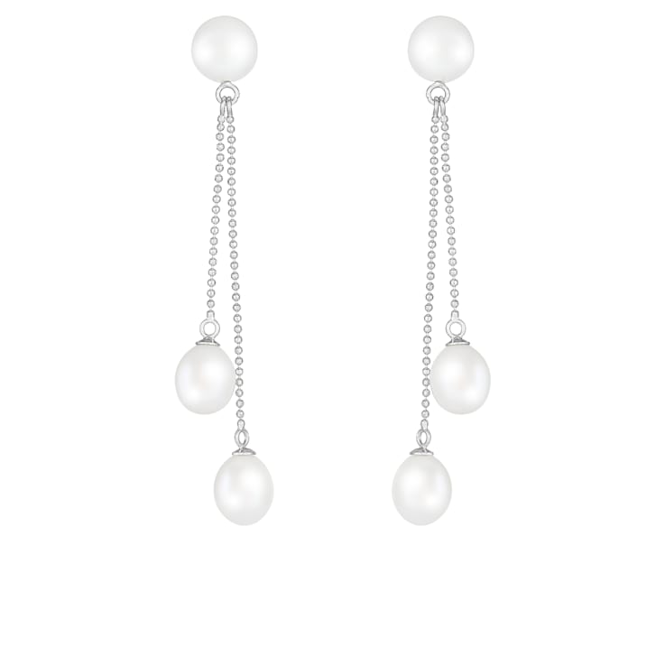 7-9mm White Cultured Freshwater Pearl Rhodium Over Sterling Silver Earrings