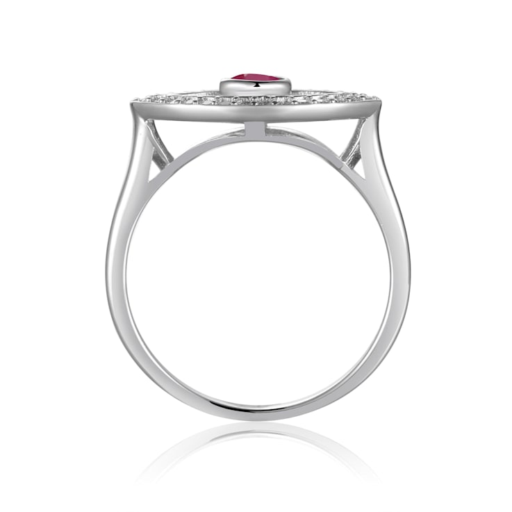 Ruby with Moissanite Accents Rhodium Over Sterling Silver Evil Eye Halo Ring