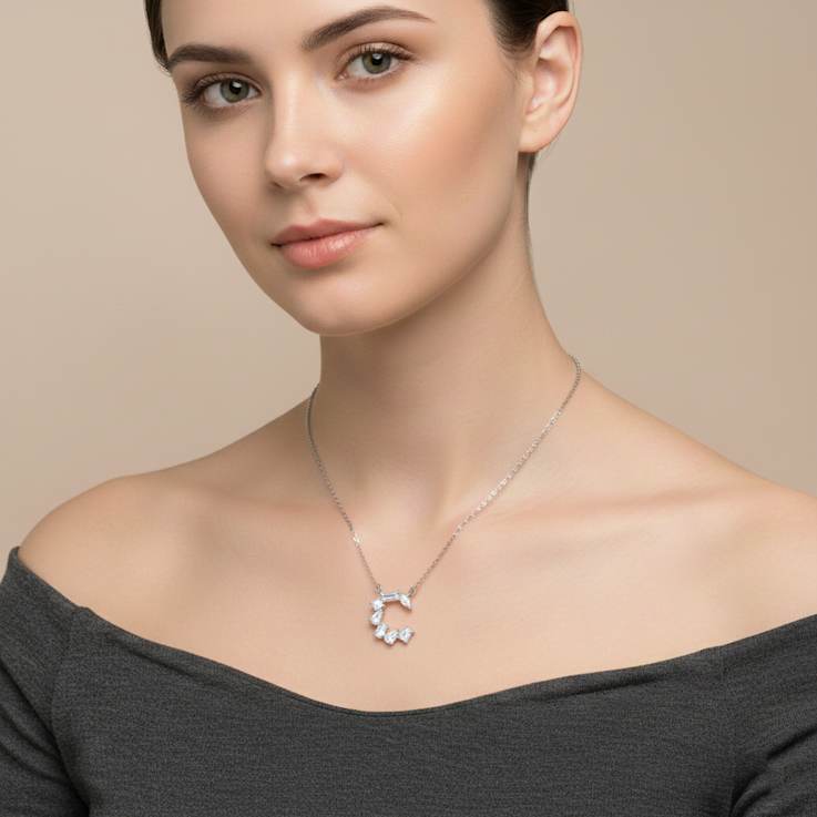 Initial C Mixed Cut CZ Pendant Necklace In Sterling Silver 18 Inch