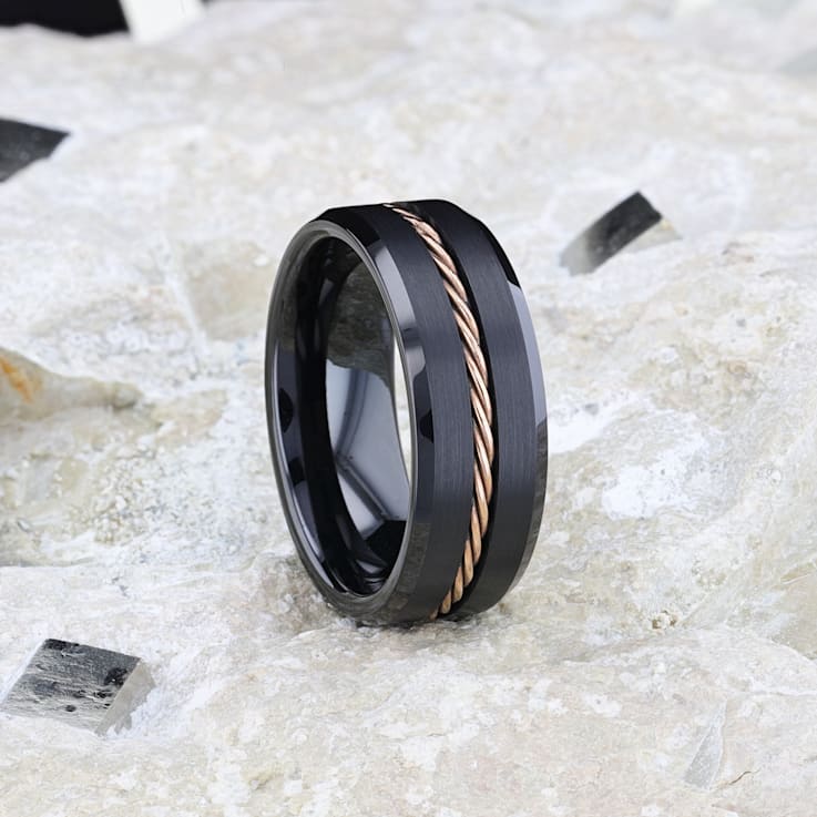 ADELARD Rose Gold Braided Brushed Center Black Tungsten Wedding Band
With Polished Beveled Edges 8mm