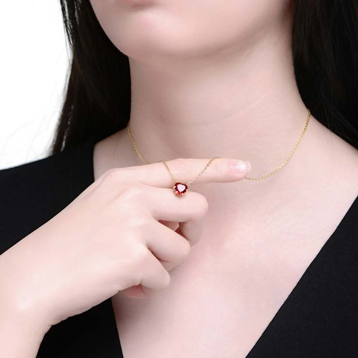 Ruby Color CZ Heart Solitaire Necklace In 14K Gold Over Brass