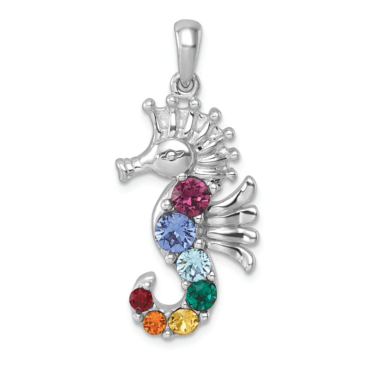 Rhodium Over Sterling Silver Multi-Color Crystal Seahorse Pendant