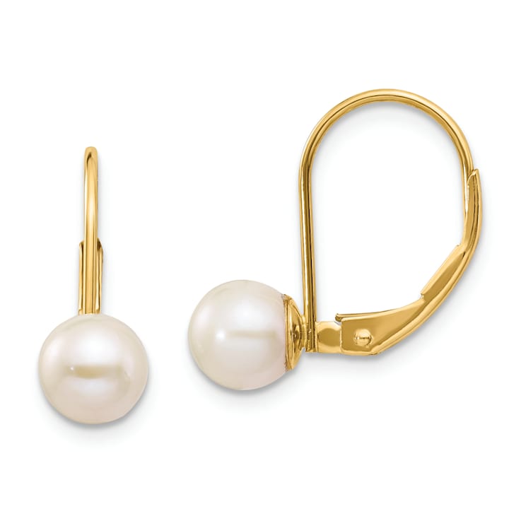 14K Yellow Gold 6-7mm White Round Freshwater Cultured Pearl Leverback Earrings