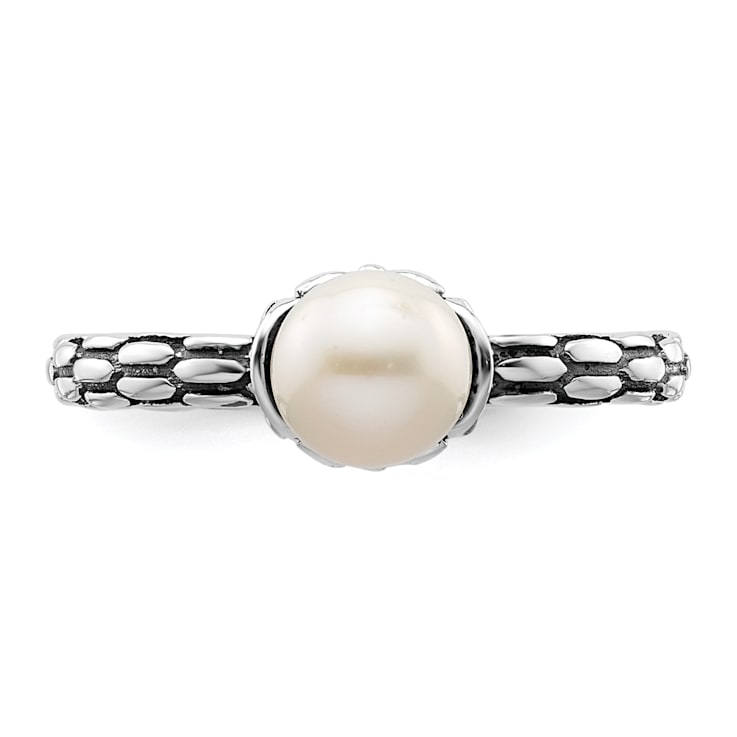 Rhodium Over Sterling Silver Stackable Expressions Patterned White
Freshwater Cultured Pearl Ring