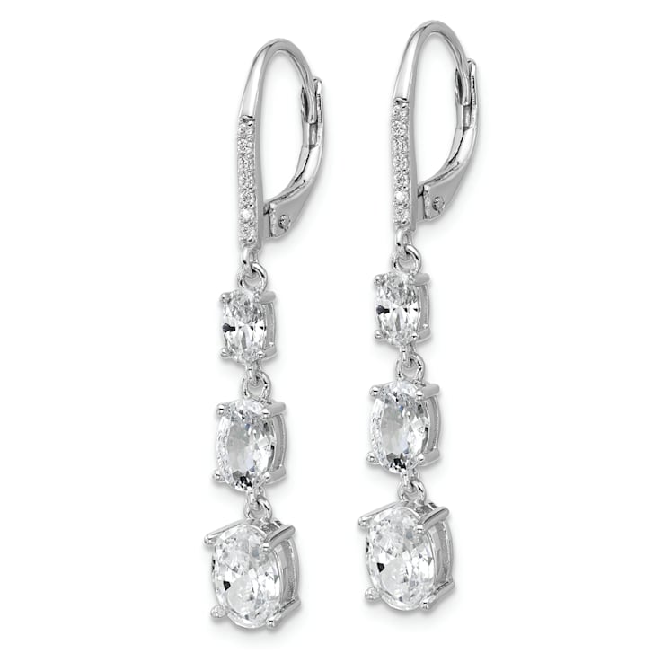 Rhodium Over Sterling Silver Oval Cubic Zirconia Leverback Dangle Earrings