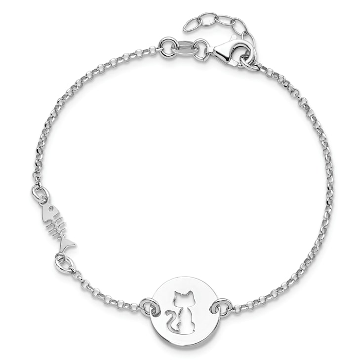 Sterling Silver Rhodium-plated Kitty and Fish with 0.5 Inch Extension Bracelet