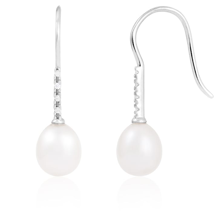 7-7½mm White Cultured Freshwater Pearl and Cubic Zirconia Rhodium Over
Sterling Silver Earrings