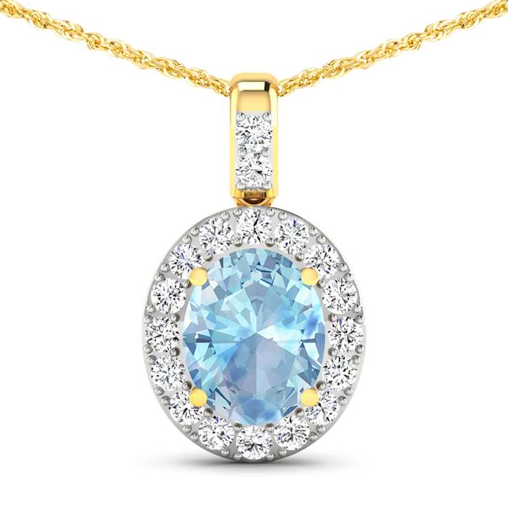1.90ctw 14K Yellow Gold Oval Aquamarine and White Diamond Pendant with
18 inch Cable Chain