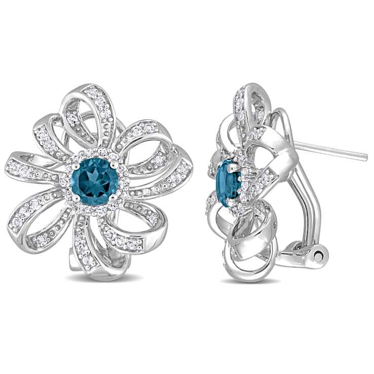 1.88ctw London Blue Topaz and White Topaz Flower Earrings in Sterling Silver