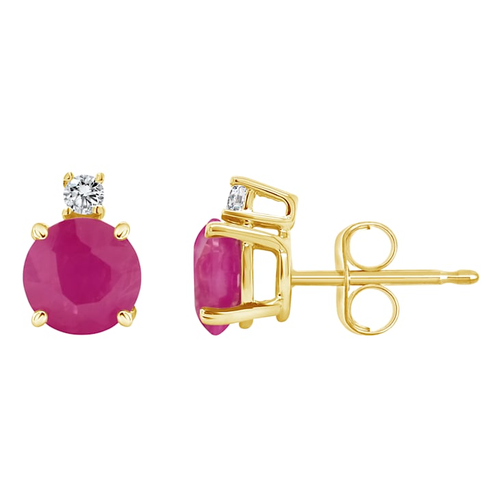 5mm Round Ruby with Diamond Accents 14k Yellow Gold Stud Earrings