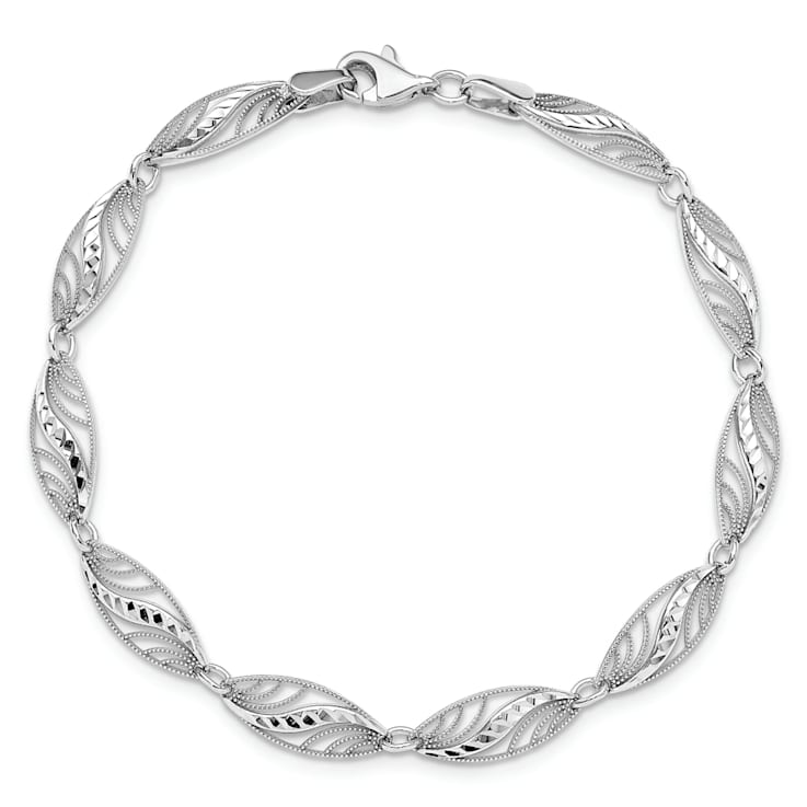 Rhodium Over 14k White Gold Filigree Textured and Diamond-Cut Fancy Link Bracelet