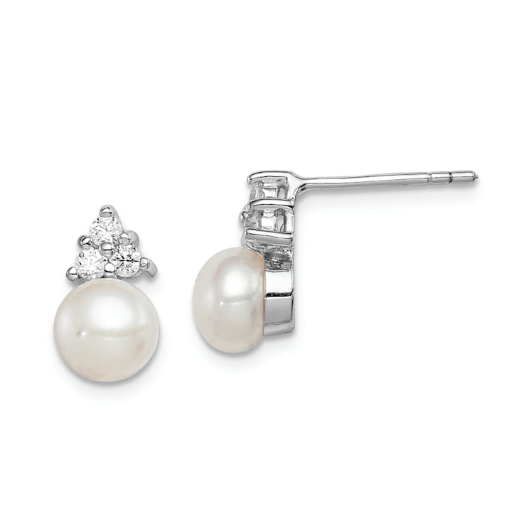 Rhodium Over Sterling Silver 6-7mm White Freshwater Cultured Pearl Cubic
Zirconia Post Earrings