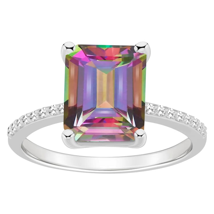 10x8mm Emerald Cut Mystic Topaz and 1/10 ctw Diamond Rhodium Over
Sterling Silver Ring