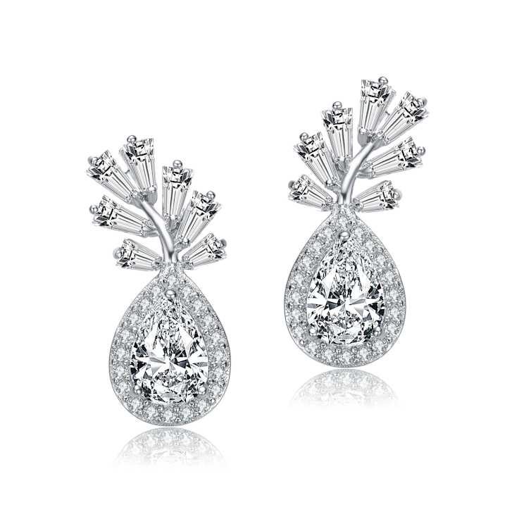 CZ Halo Drop Earrings In Sterling Silver