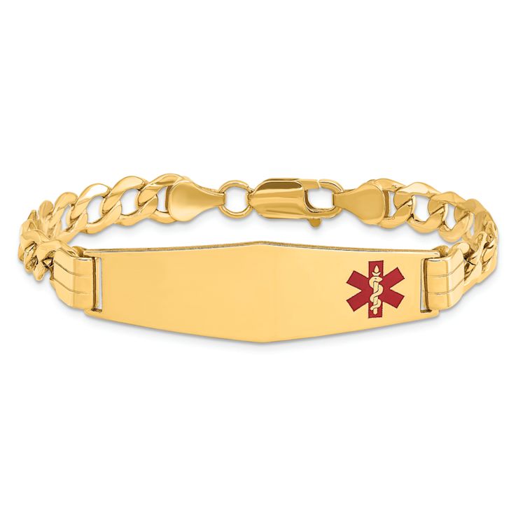 10k Yellow Gold Medical Soft Diamond Shape Red Enamel Curb Link ID Bracelet