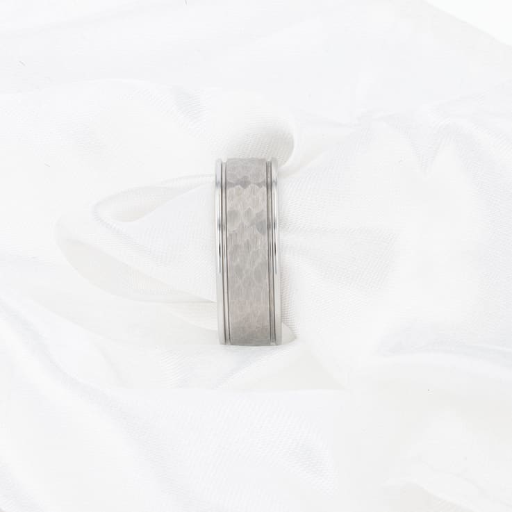 THORNTON Hammered Finish White Tungsten Carbide Wedding Band with Offset
Grooves/Polished Edges 8mm