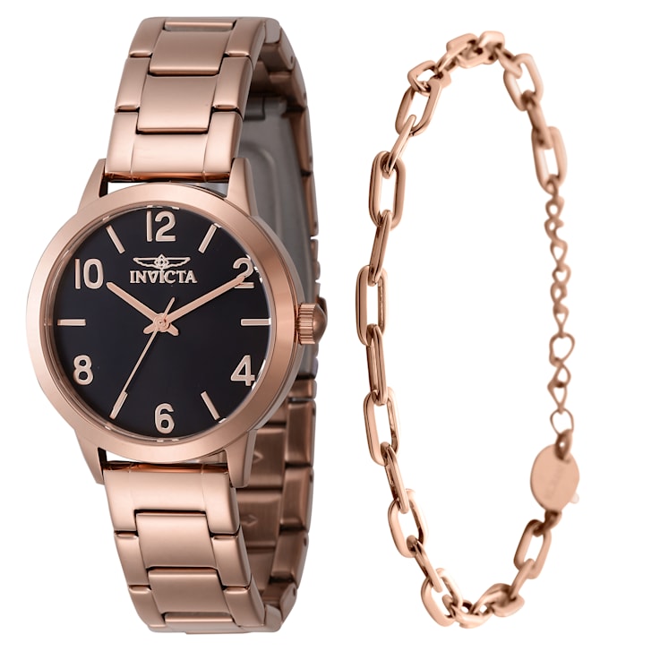 Invicta Wildflower 34mm Black Dial Rose Stainless Steel Quartz Watch And
Bracelet Set