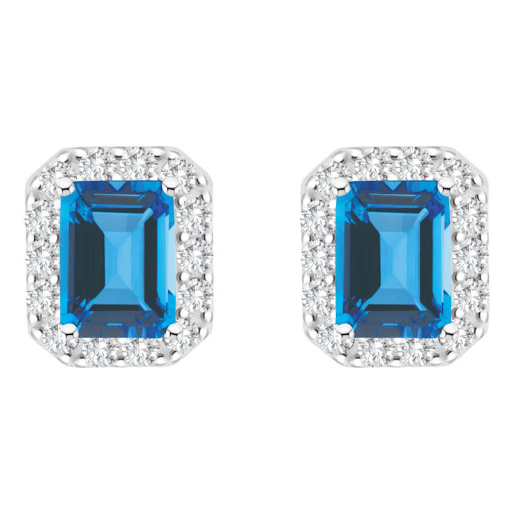 8x6mm Emerald Cut Swiss Blue Topaz And White Topaz Rhodium Over Sterling
Silver Halo Stud Earrings