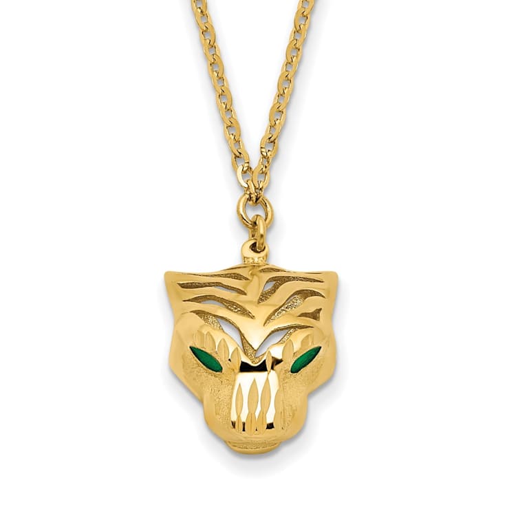 14K Yellow Gold Polished Diamond-cut Green Enamel Tiger Necklace