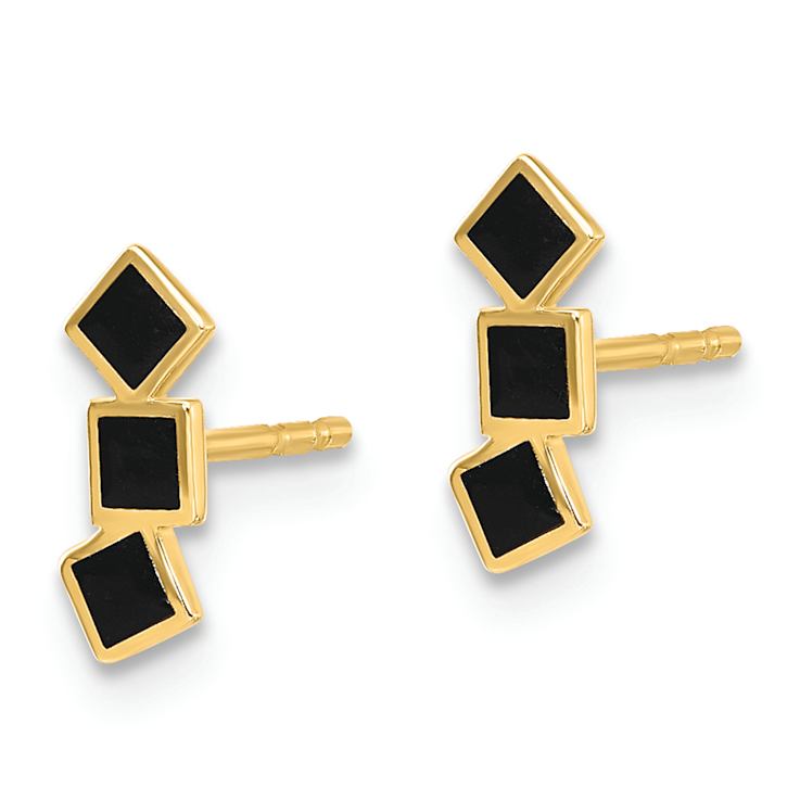14k Yellow Gold Black Epoxy Squares Stud Earrings
