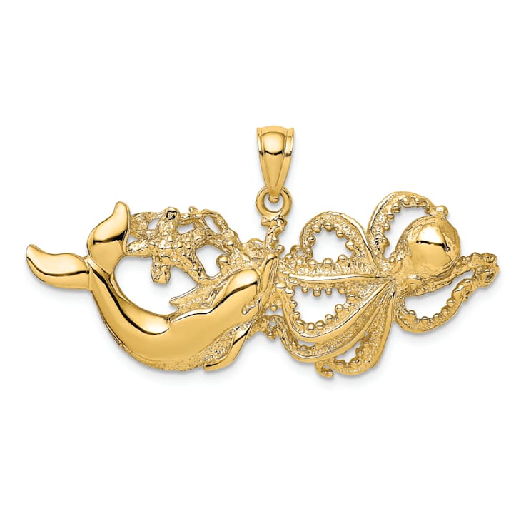 14k Yellow Gold Polished Textured Dolphin and Octopus Pendant