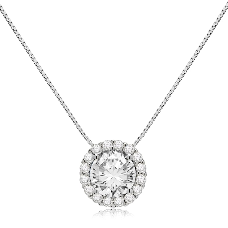 14K White Gold Necklace Round HaloCubic Zirconia Solitaire1.25CTW 16
Inch .60mm Box Link Chain