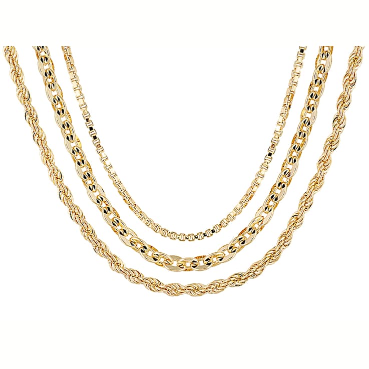 Box, Rope And Cable Link Chain Necklace Set In 18K Gold Over Bronze
