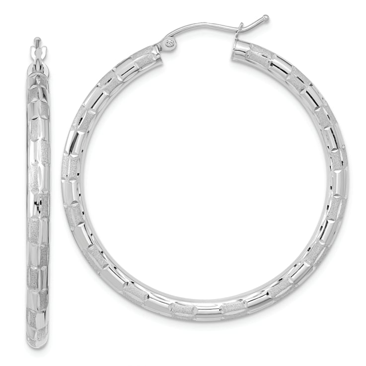 Rhodium Over 14K White Gold 1 11/16" Polished Satin and Diamond-Cut
Hoop Earrings
