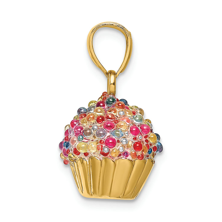 14k Yellow Gold 3D Colored Bead with Icing Cupcake Pendant