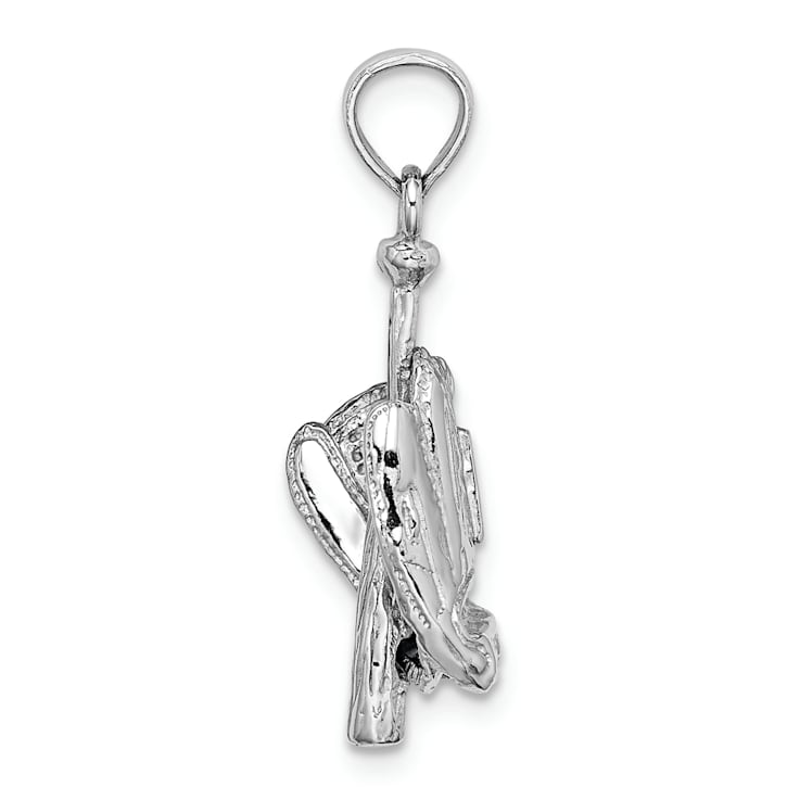 Rhodium Over 14k White Gold 3D Polished and Textured Glove/Bat/Baseball Pendant