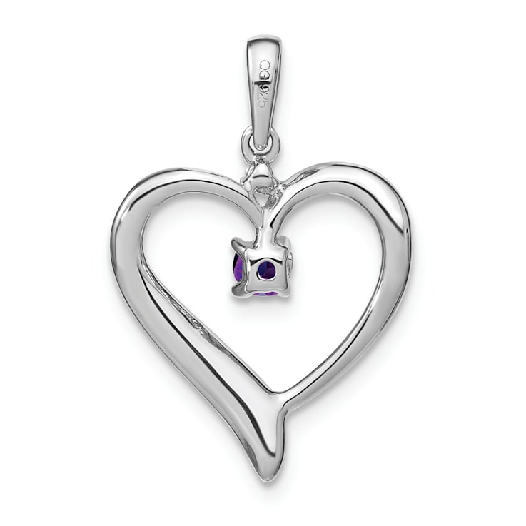 Rhodium Over 14k White Gold Amethyst and Diamond Heart Pendant