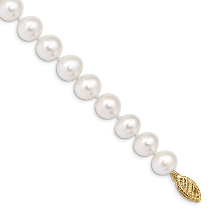 10k Yellow Gold 8-9mm White Near Round Freshwater Cultured Pearl Bracelet